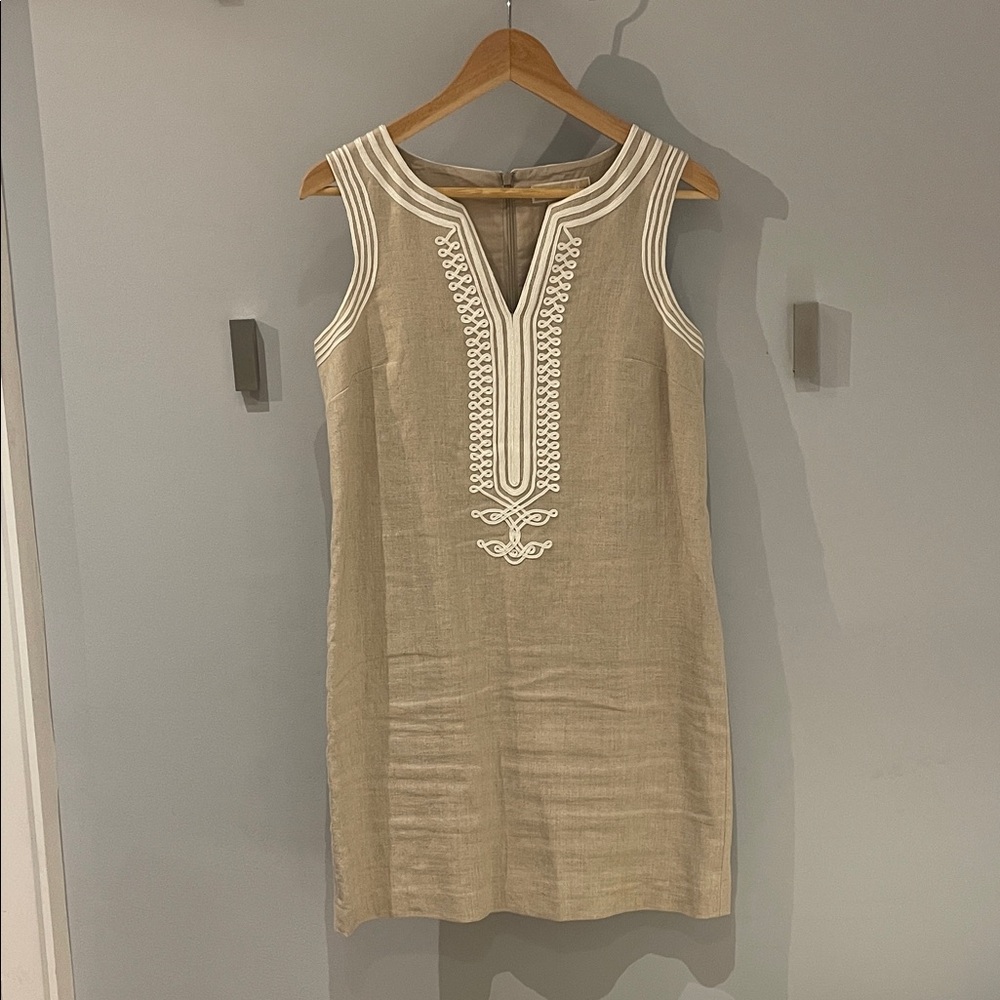 Michael Kors Beige Embroidered Linen Mini Dress